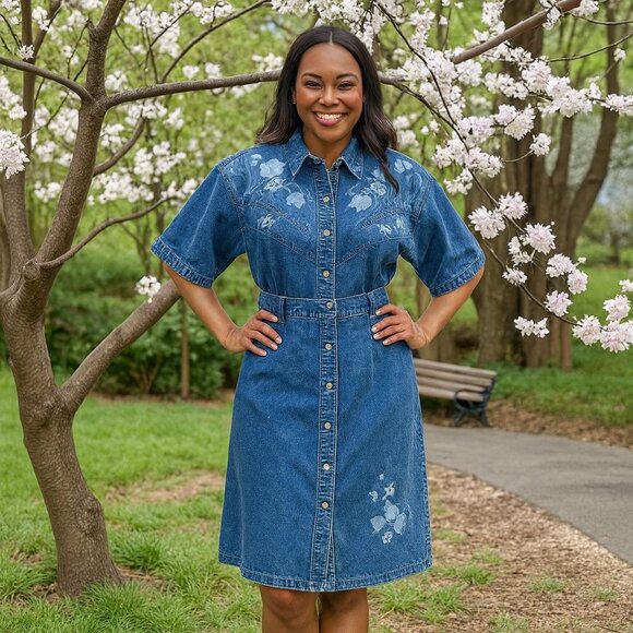 Vintage Pearl River Denim Skirt Set Acid Wash Floral Embroidered Cottagecore L - Picture 4 of 10